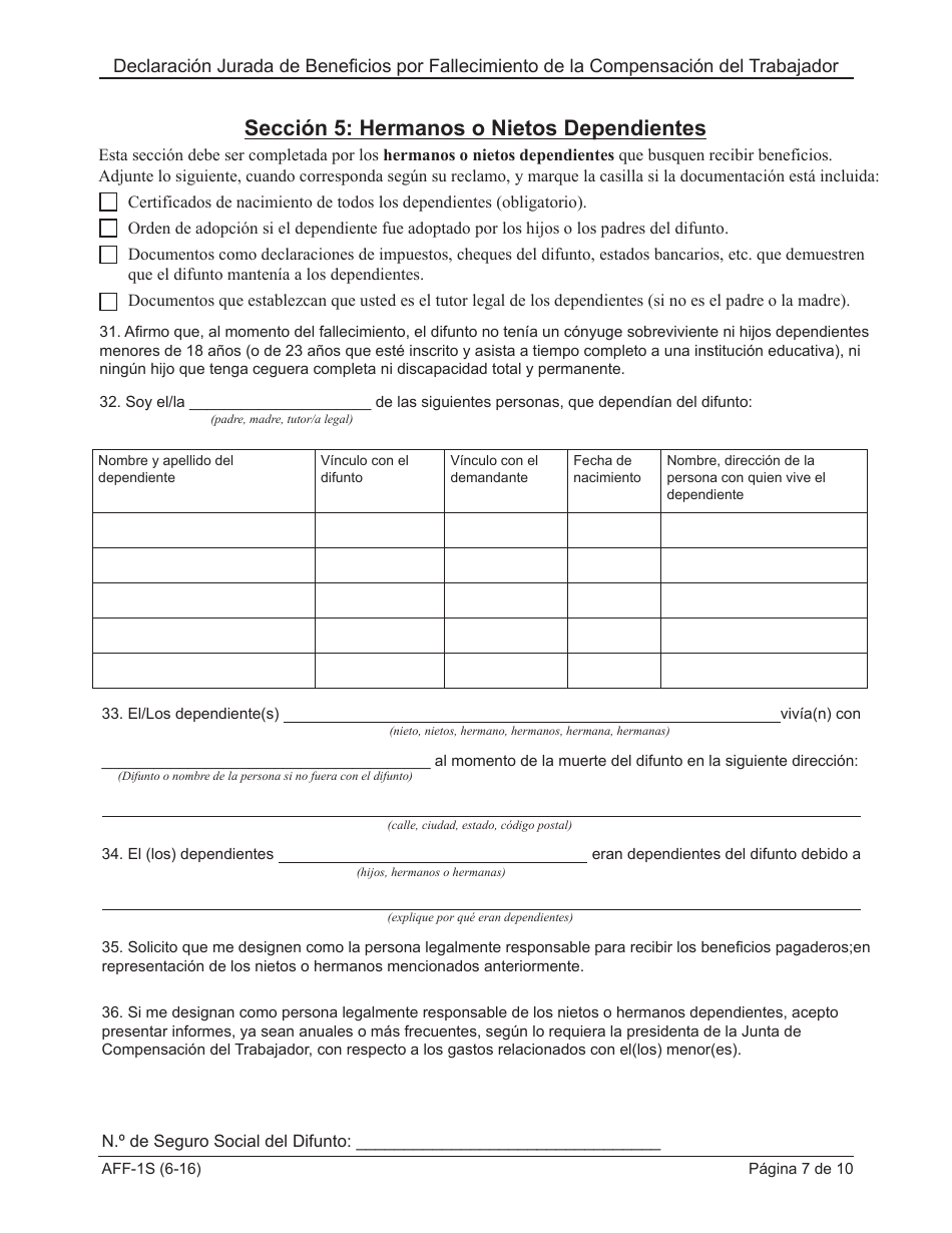 Formulario AFF-1 Declaracion Jurada De Beneficios Por Fallecimiento De La Compensacion Del Trabajador - New York (Spanish), Page 8