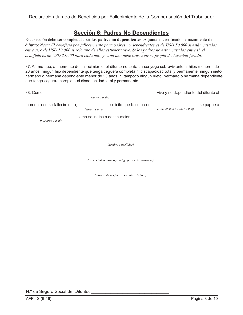Formulario AFF-1 Declaracion Jurada De Beneficios Por Fallecimiento De La Compensacion Del Trabajador - New York (Spanish), Page 9