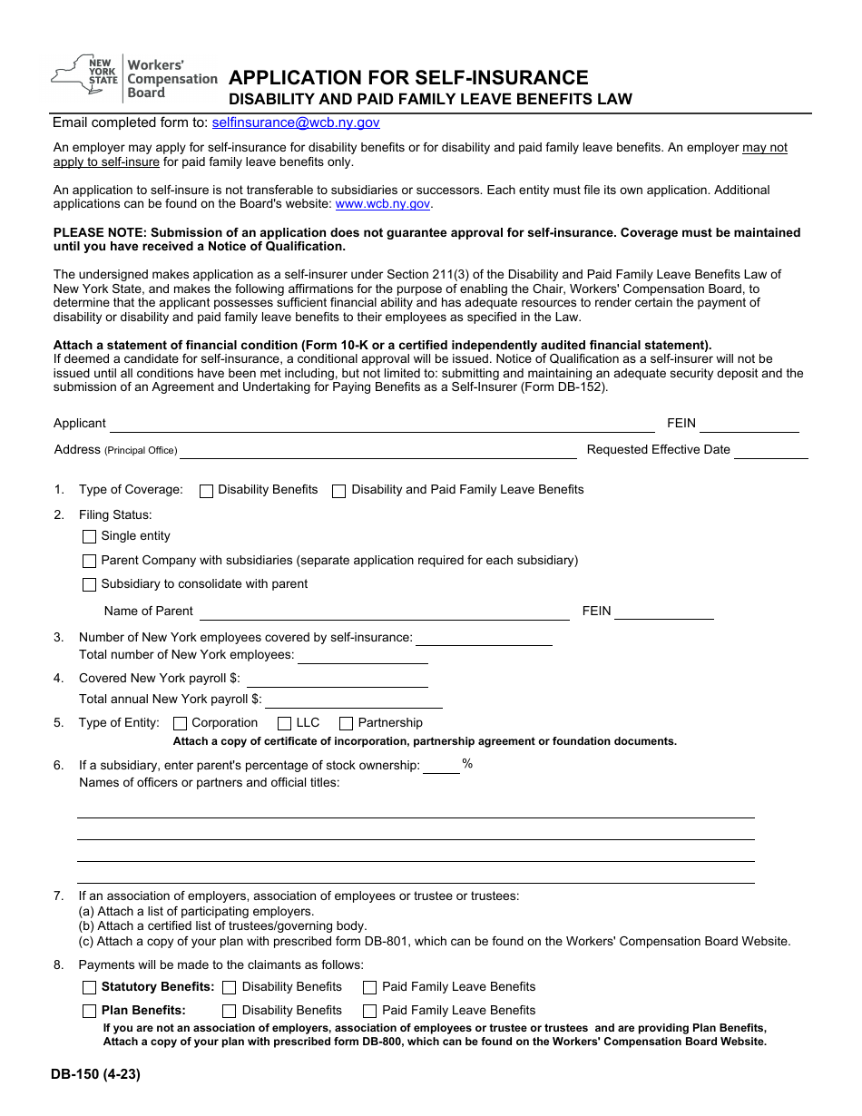 Form DB150 Download Fillable PDF or Fill Online Application for Selfinsurance Disability and