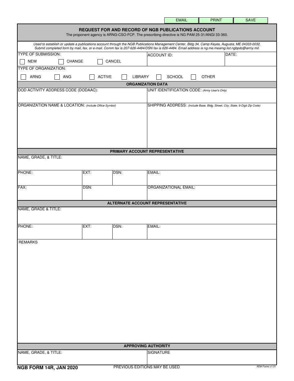NGB Form 14R Request for and Record of NGB Publications Account, Page 1