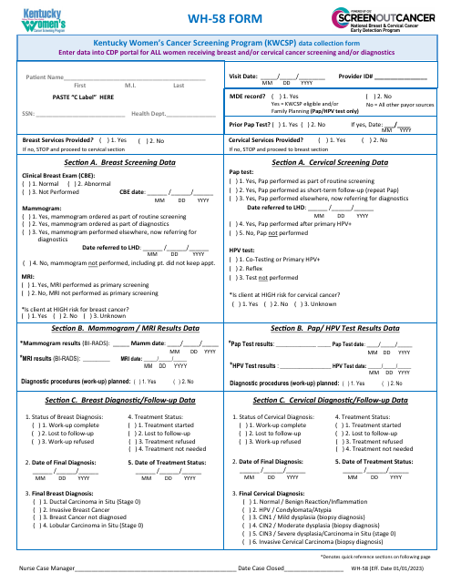 Form WH-58 Kentucky Women's Cancer Screening Program (Kwcsp) Data Collection Form - Kentucky