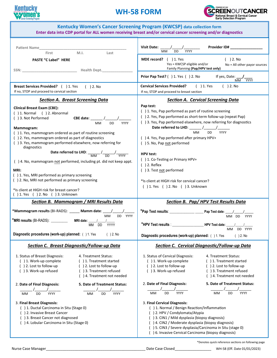 Form WH-58 Kentucky Womens Cancer Screening Program (Kwcsp) Data Collection Form - Kentucky, Page 1
