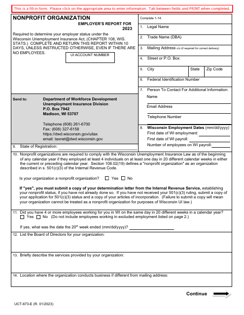 Form UCT-673-E Nonprofit Organization Employer's Report - Wisconsin, 2023