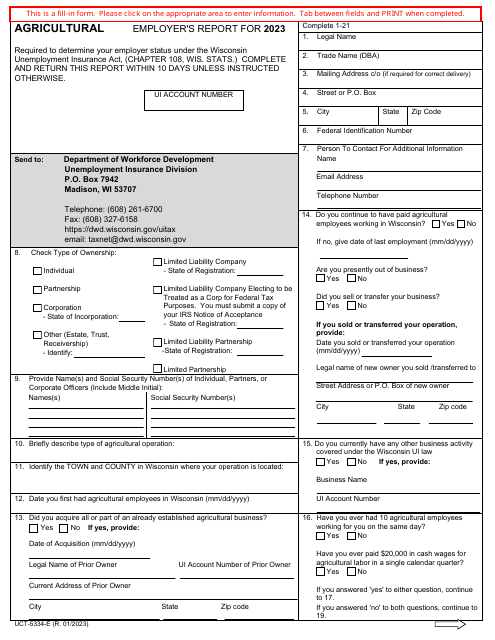 Form UCT-5334-E Agricultural Employer's Report - Wisconsin, 2023