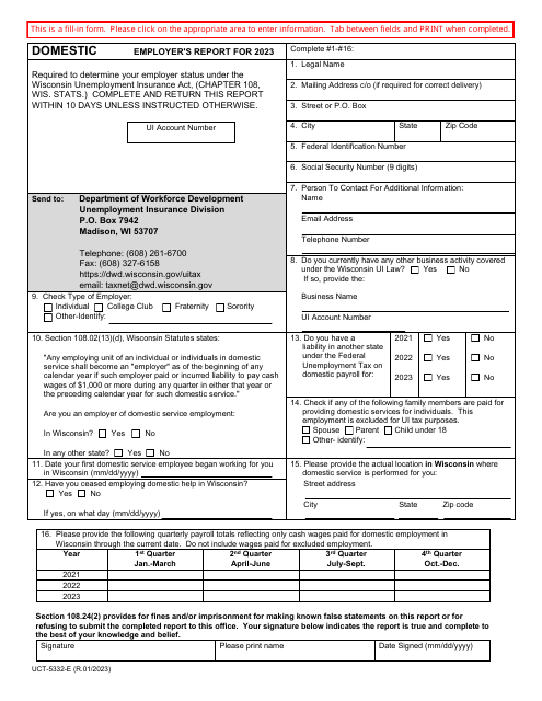 Form UCT-5332-E Domestic Employer's Report - Wisconsin, 2023
