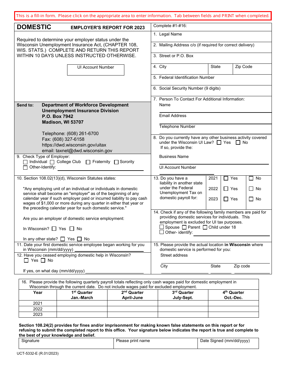 Form UCT5332E Download Fillable PDF or Fill Online Domestic Employer