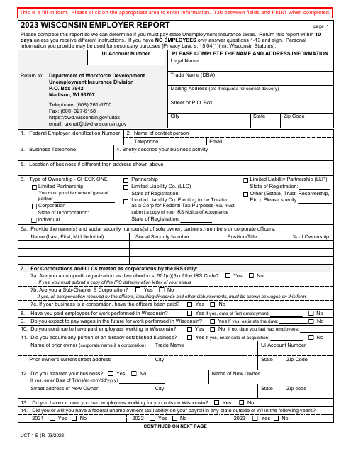 Form UCT-1-E Wisconsin Employer Report - Wisconsin, 2023