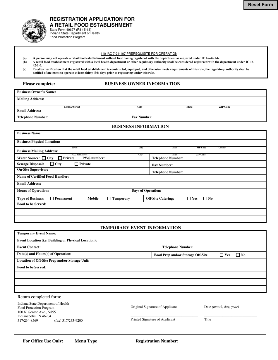 State Form 49677 Registration Application for a Retail Food Establishment - Indiana, Page 1