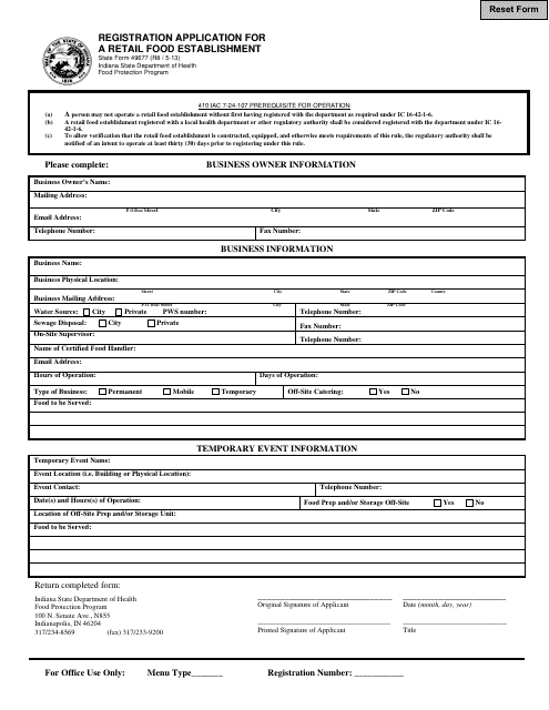 State Form 49677 Registration Application for a Retail Food Establishment - Indiana