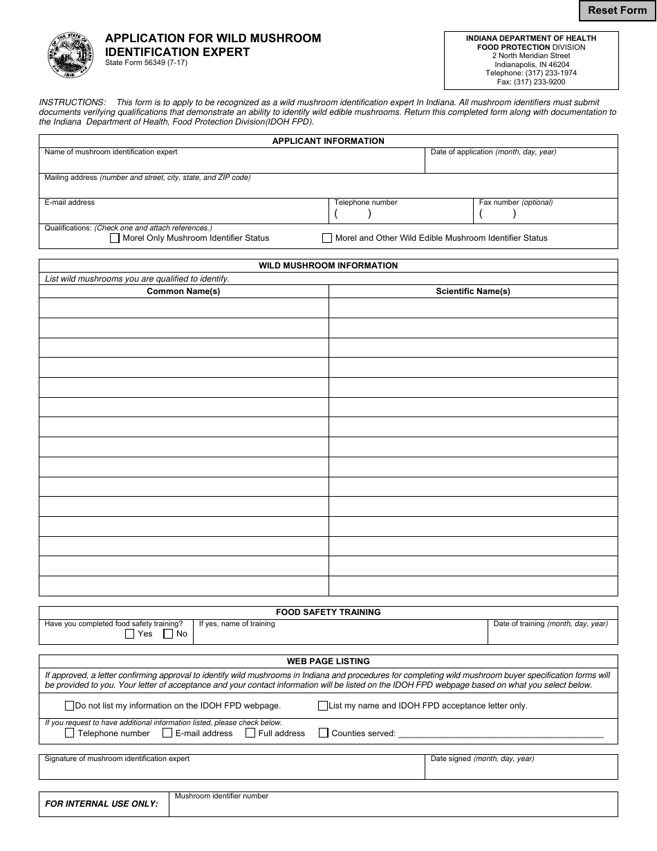 State Form 56349 Application for Wild Mushroom Identification Expert - Indiana, Page 1