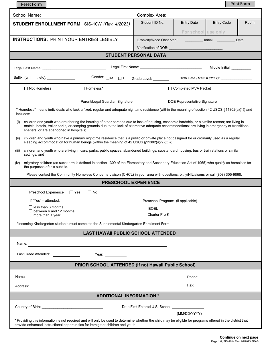 Form SIS-10W Student Enrollment Form - Hawaii, Page 1