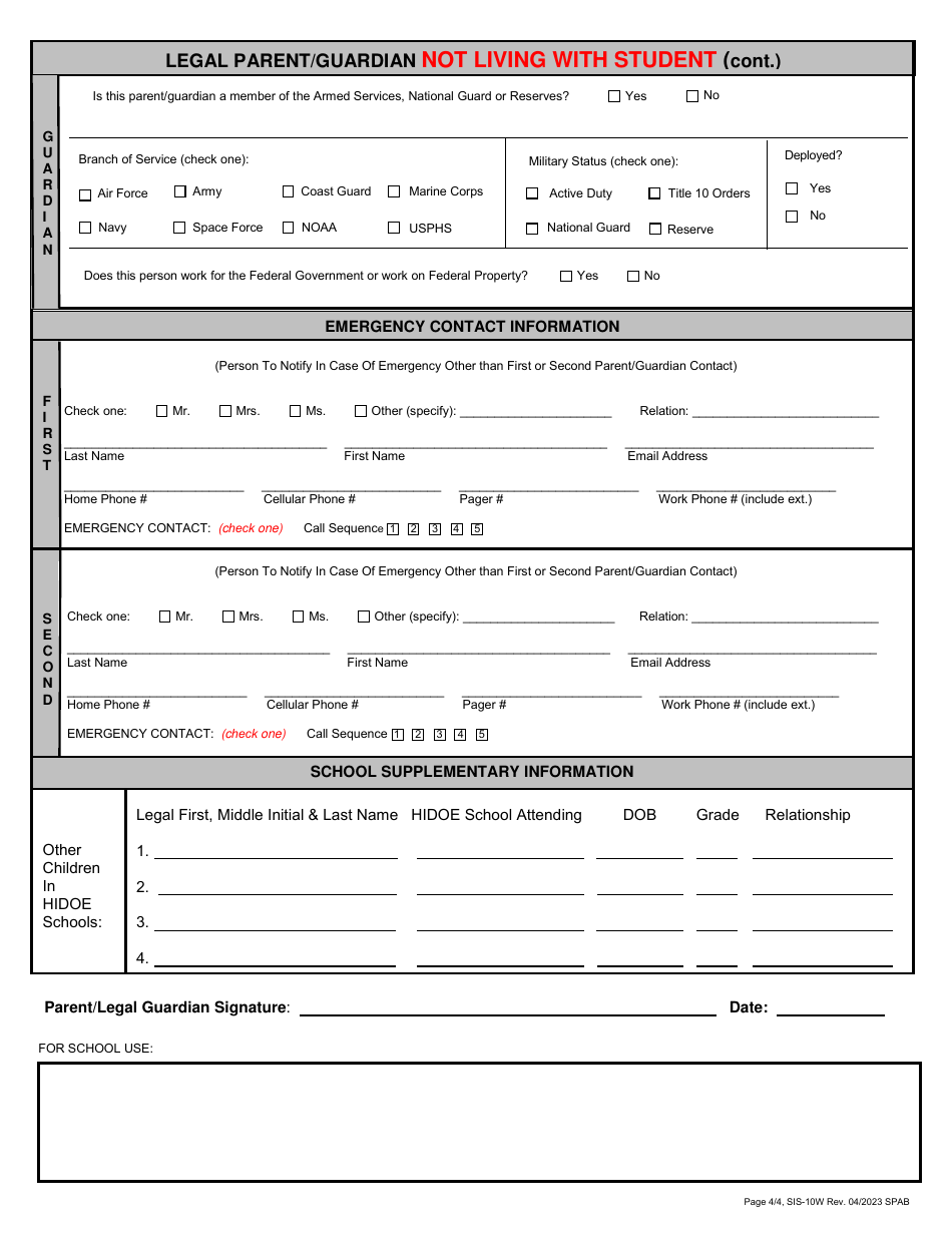 Form SIS-10W Student Enrollment Form - Hawaii, Page 4