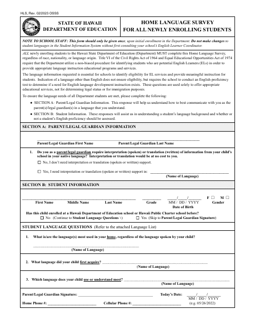 Home Language Survey for All Newly Enrolling Students - Hawaii Download Pdf