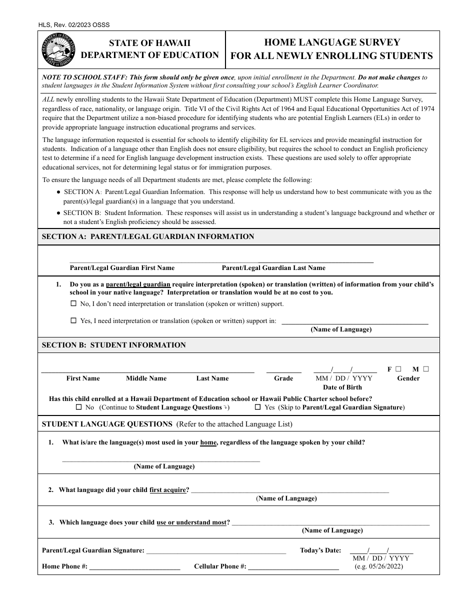 Home Language Survey for All Newly Enrolling Students - Hawaii, Page 1