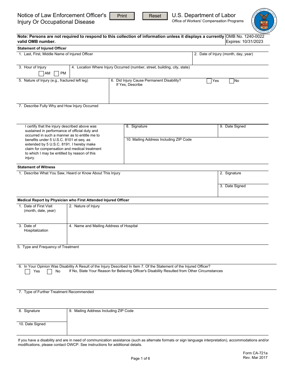 Form CA-721 Notice of Law Enforcement Officers Injury or Occupational Disease, Page 1