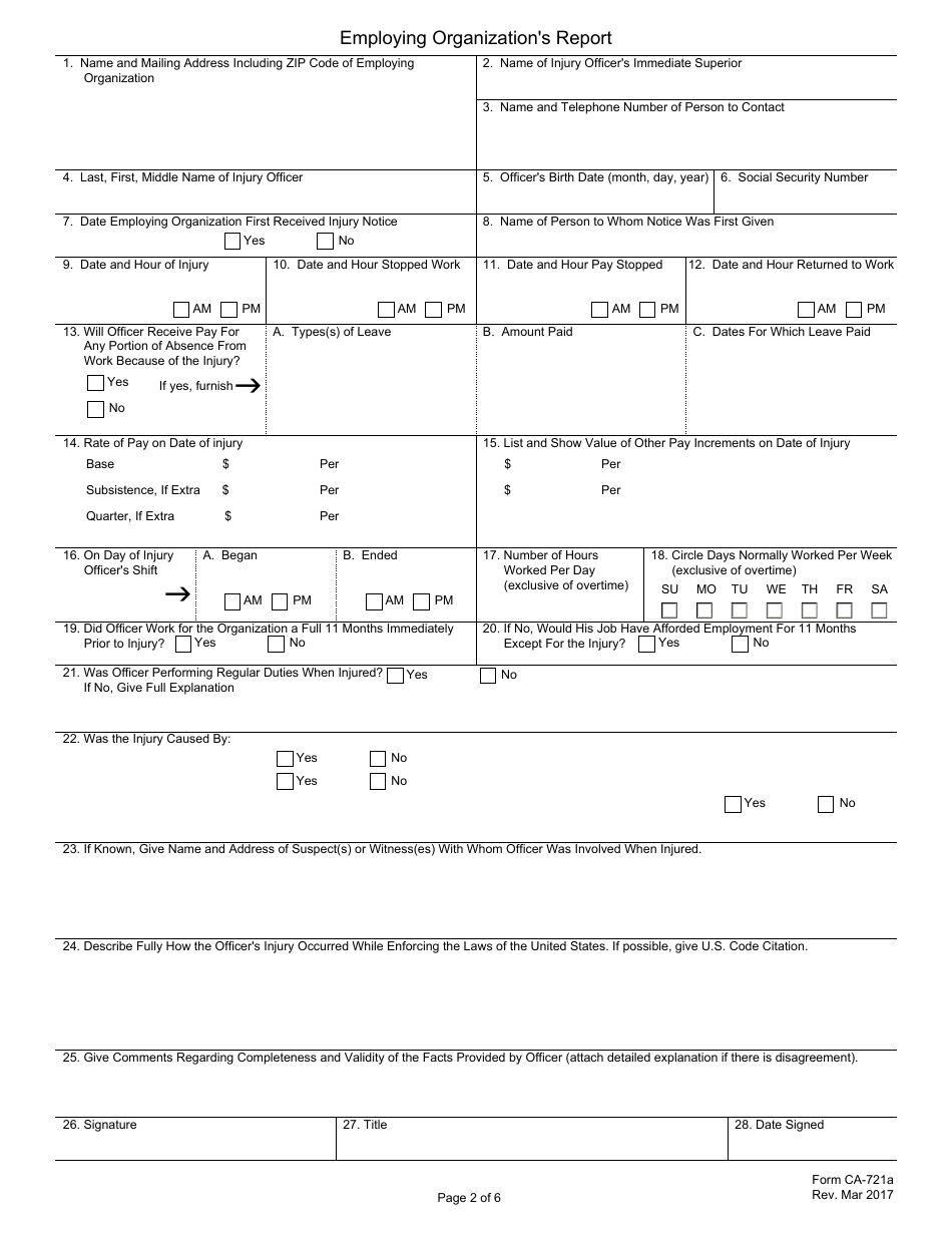 Form CA-721 Notice of Law Enforcement Officers Injury or Occupational Disease, Page 2