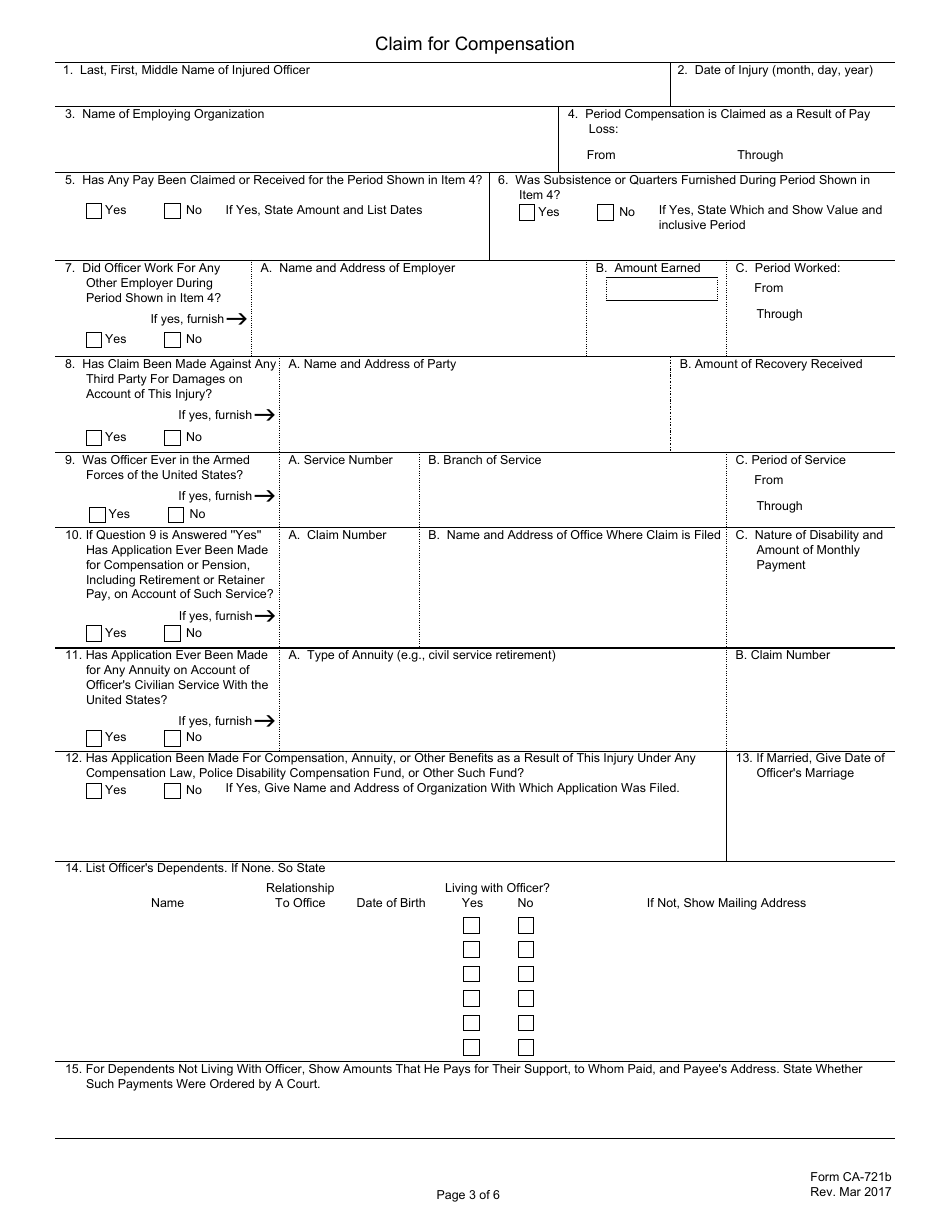 Form CA-721 Notice of Law Enforcement Officers Injury or Occupational Disease, Page 3