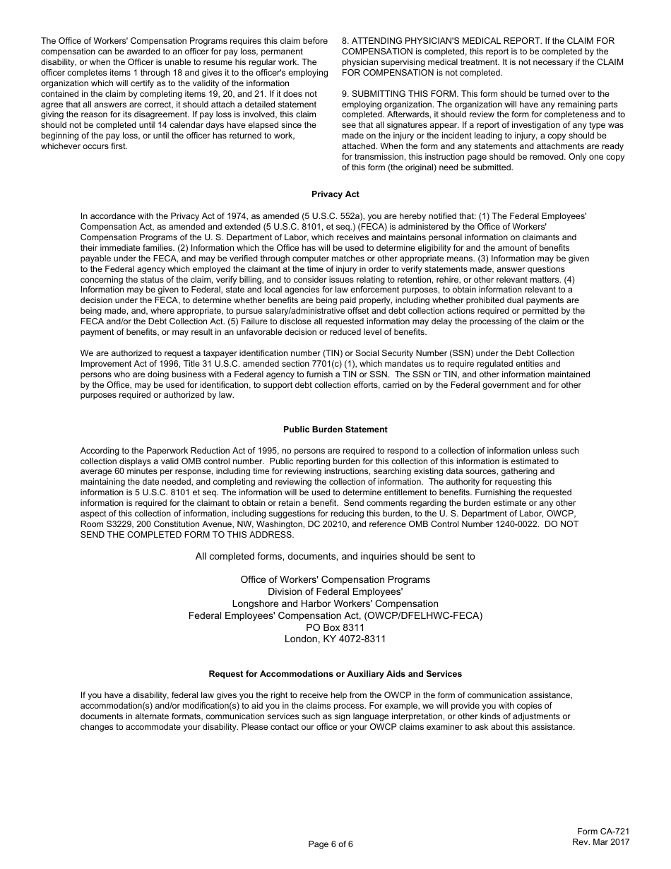 Form CA-721 Notice of Law Enforcement Officers Injury or Occupational Disease, Page 6