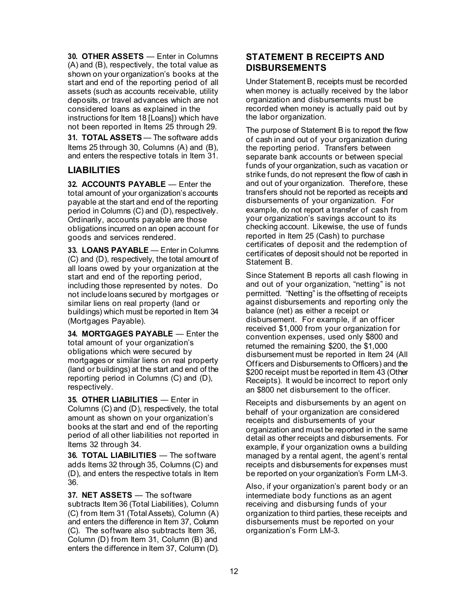 Instructions for Form LM-3 Labor Organization Annual Report, Page 12