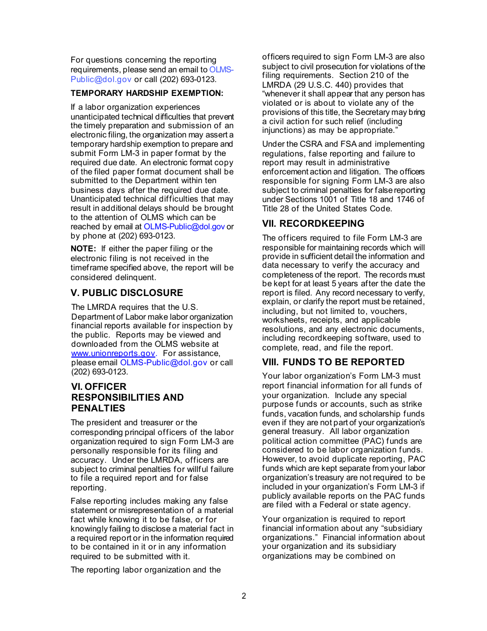 Instructions for Form LM-3 Labor Organization Annual Report, Page 2