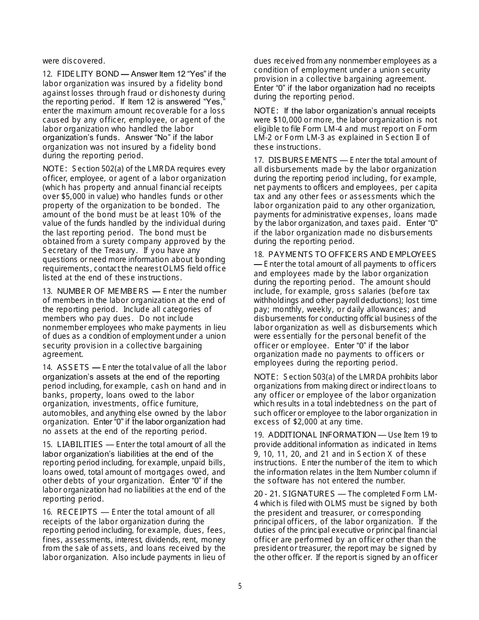 Download Instructions for Form LM4 Labor Organization Annual Report