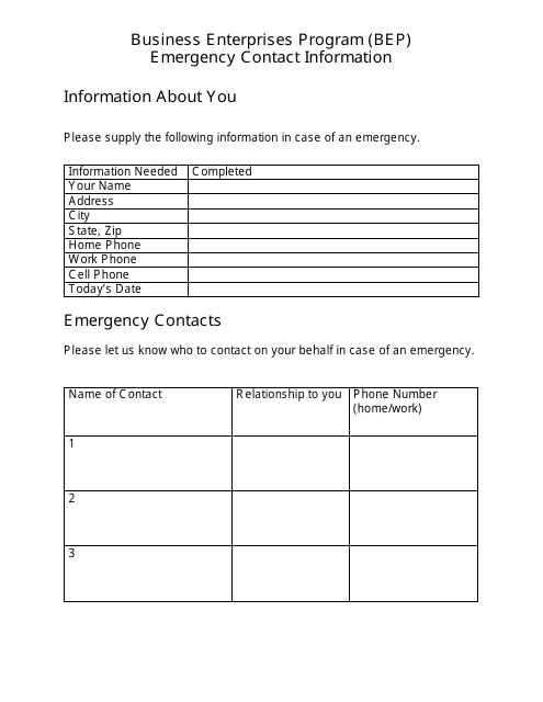 Emergency Contact Information - Business Enterprises Program (Bep) - Minnesota