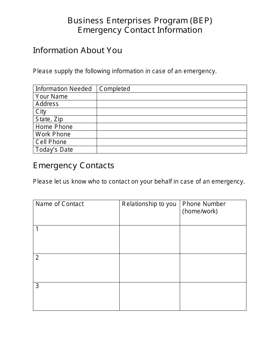 Emergency Contact Information - Business Enterprises Program (Bep) - Minnesota, Page 1