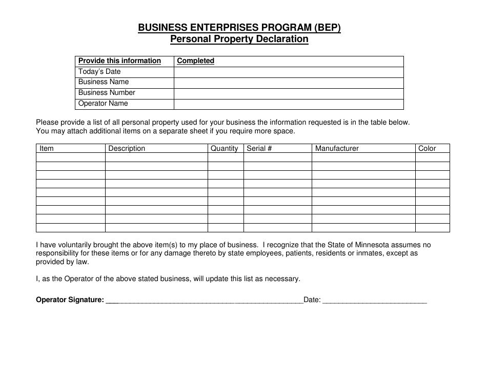 Personal Property Declaration - Business Enterprises Program (Bep) - Minnesota, Page 1