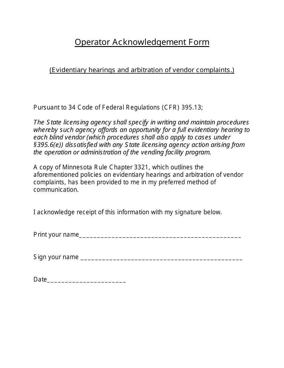 Operator Acknowledgement Form - Minnesota, Page 1