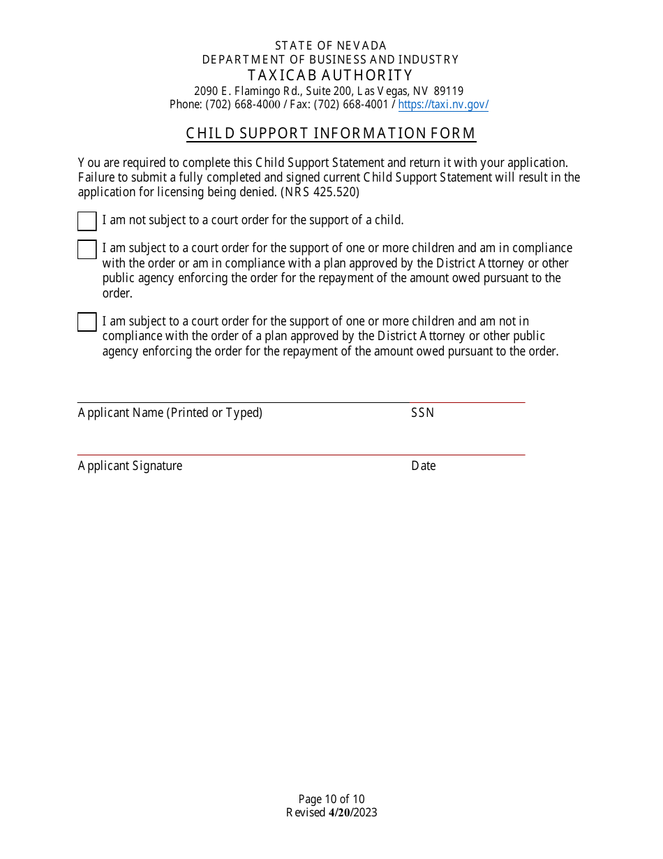 Application for Taxicab Driver Permit - Nevada, Page 10