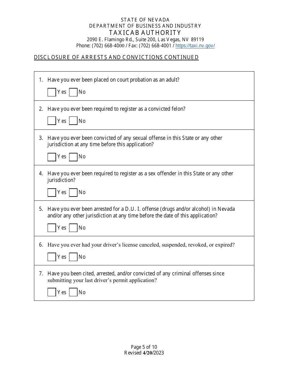Application for Taxicab Driver Permit - Nevada, Page 5
