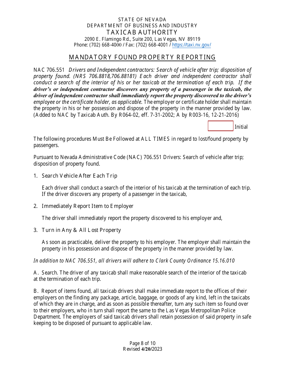 Application for Taxicab Driver Permit - Nevada, Page 8