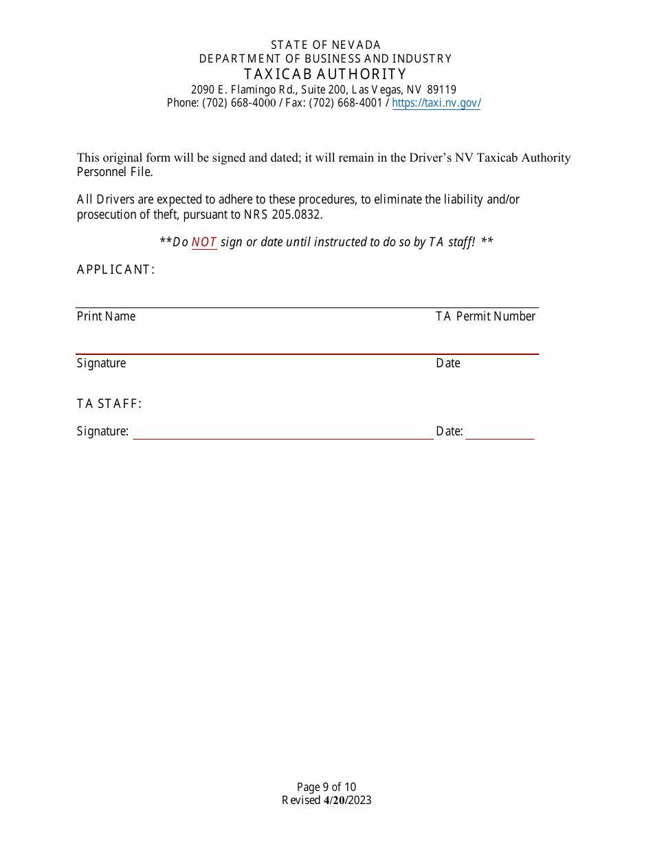 Application for Taxicab Driver Permit - Nevada, Page 9