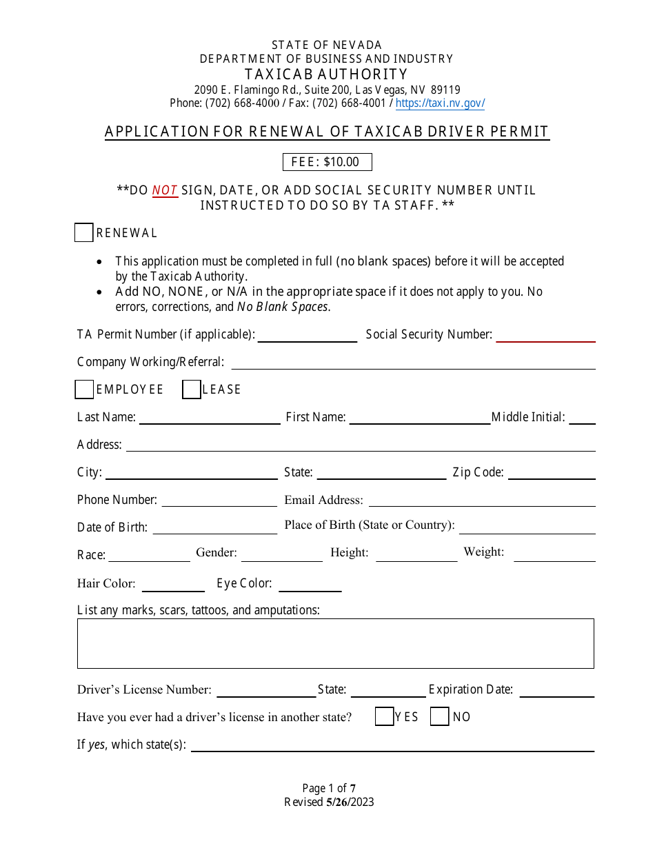Nevada Application for Renewal of Taxicab Driver Permit Fill Out, Sign Online and Download PDF