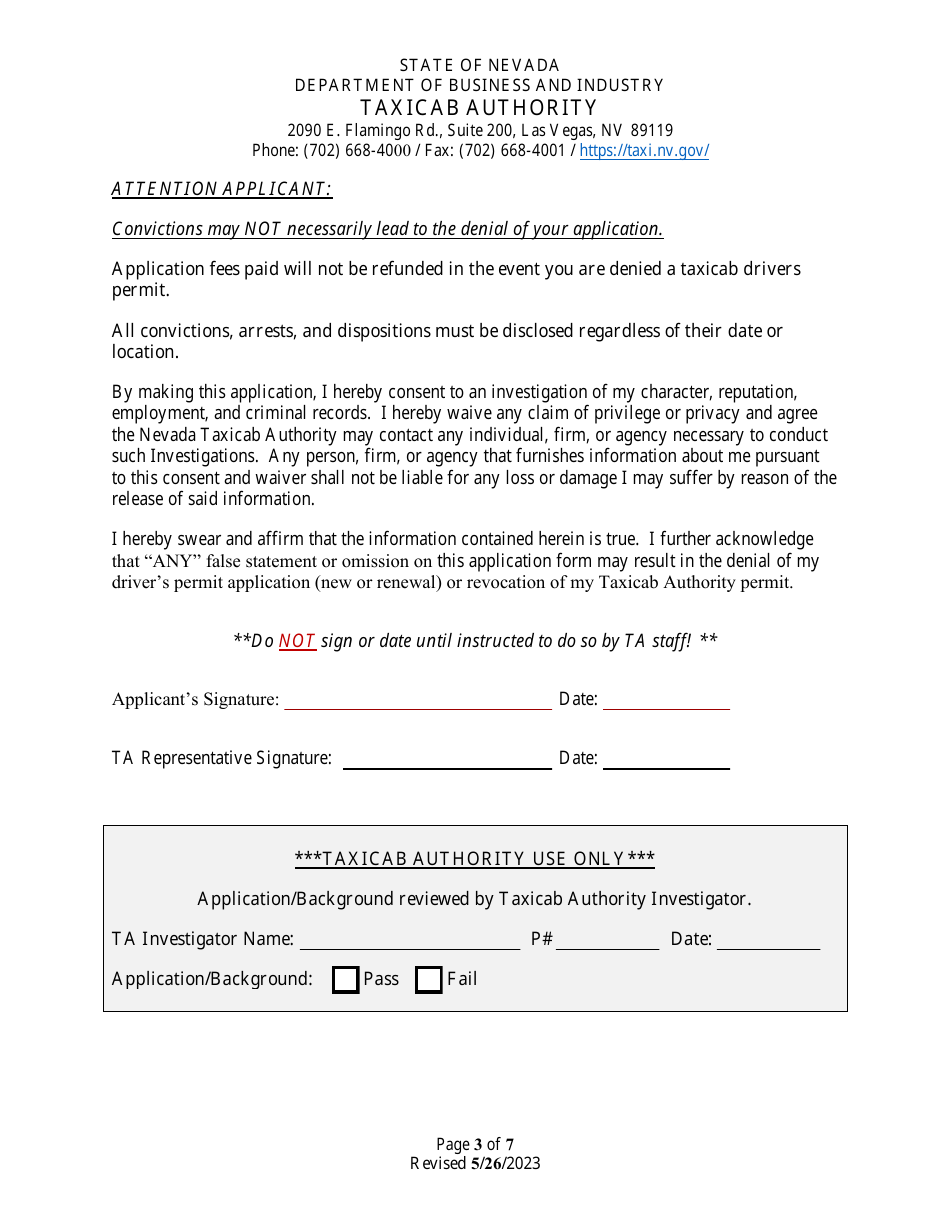 Application for Renewal of Taxicab Driver Permit - Nevada, Page 3