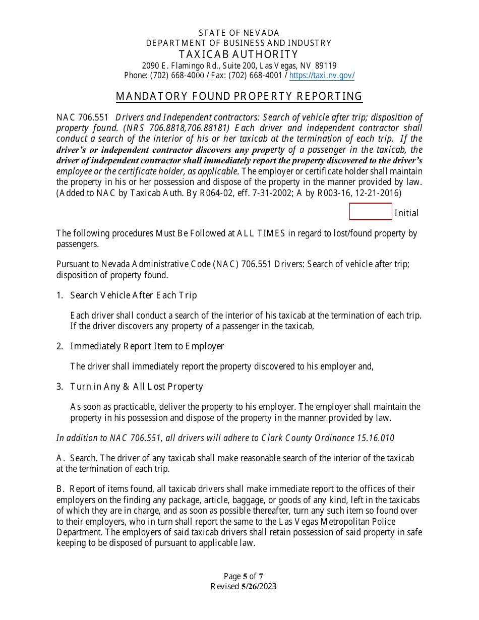 Application for Renewal of Taxicab Driver Permit - Nevada, Page 5