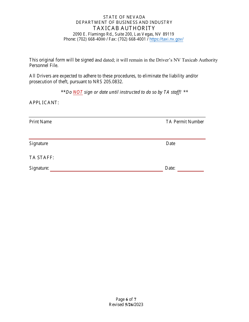 Application for Renewal of Taxicab Driver Permit - Nevada, Page 6