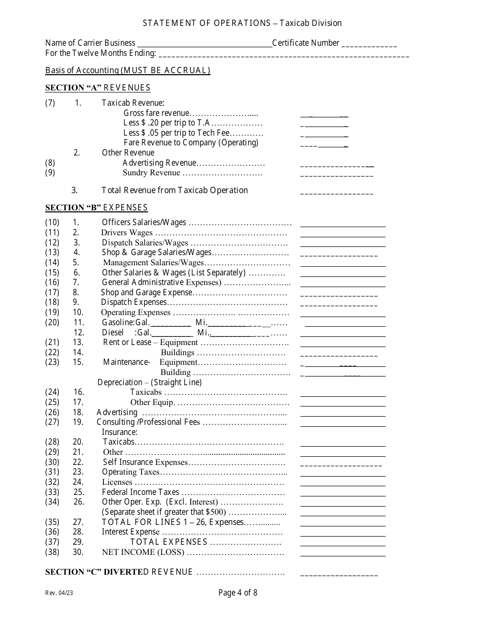 Taxicab Company Annual Financial Report - Nevada, Page 10