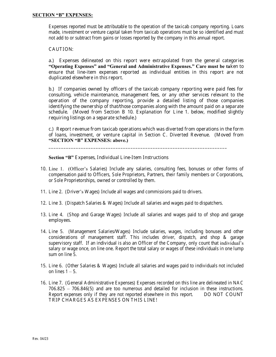 Taxicab Company Annual Financial Report - Nevada, Page 2