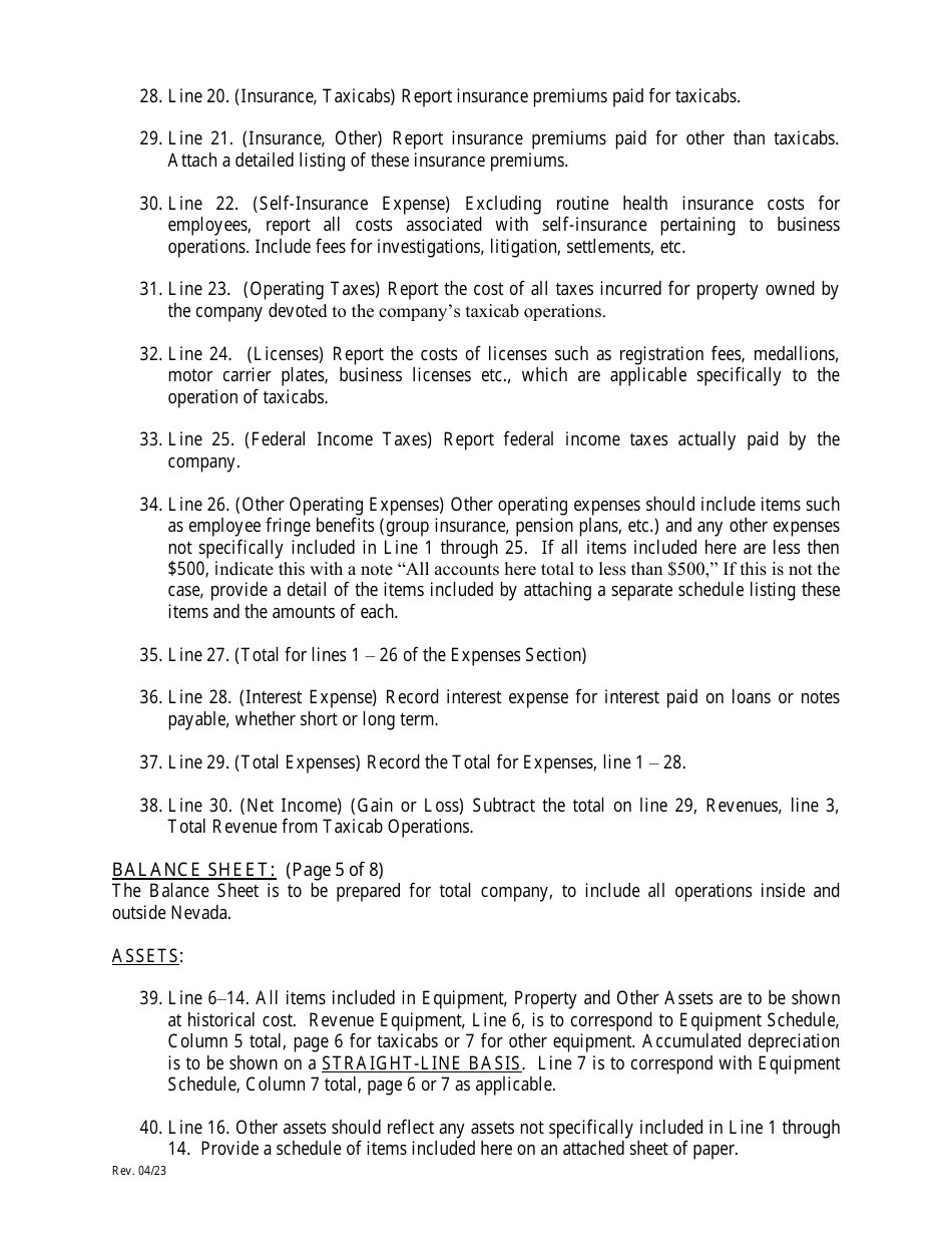 Taxicab Company Annual Financial Report - Nevada, Page 4