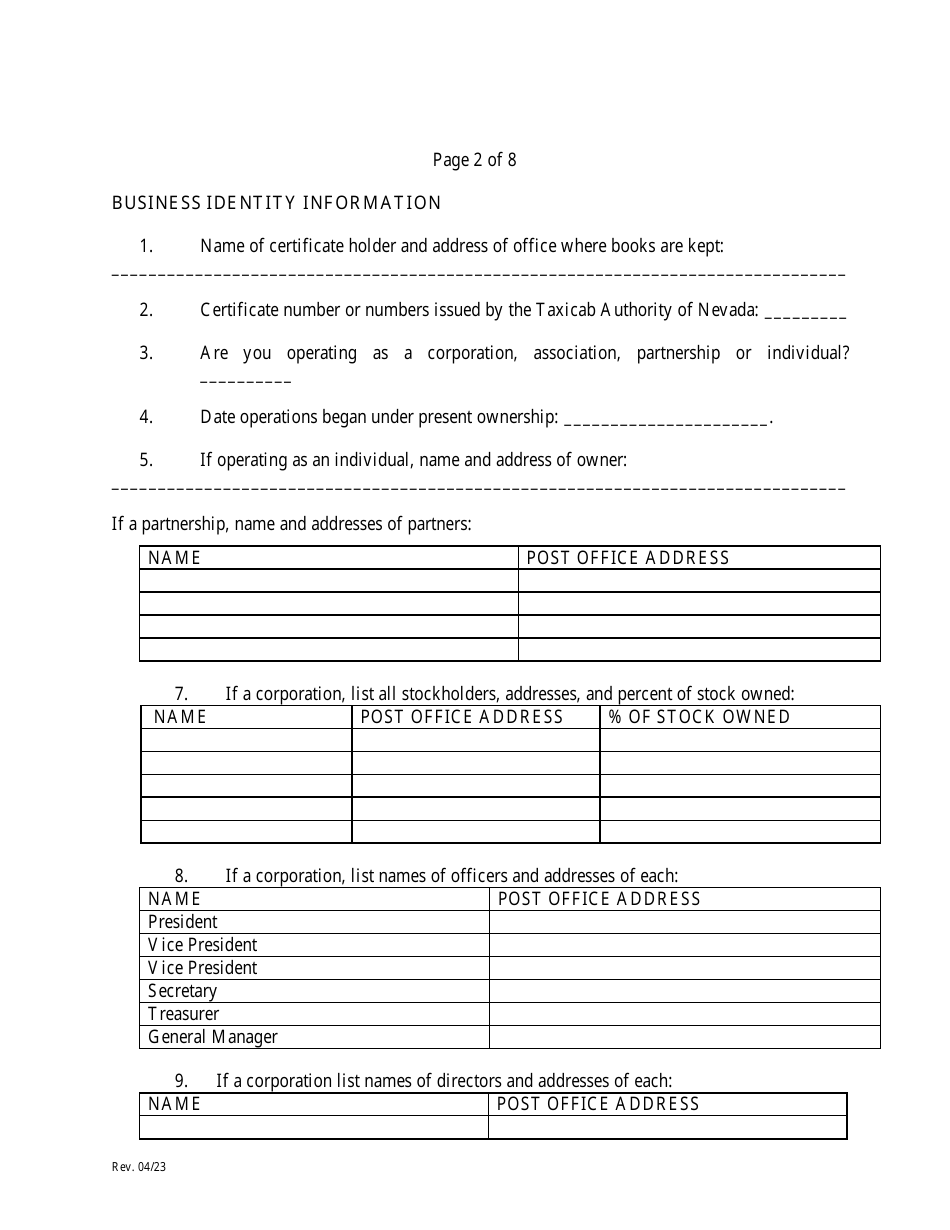 Taxicab Company Annual Financial Report - Nevada, Page 8