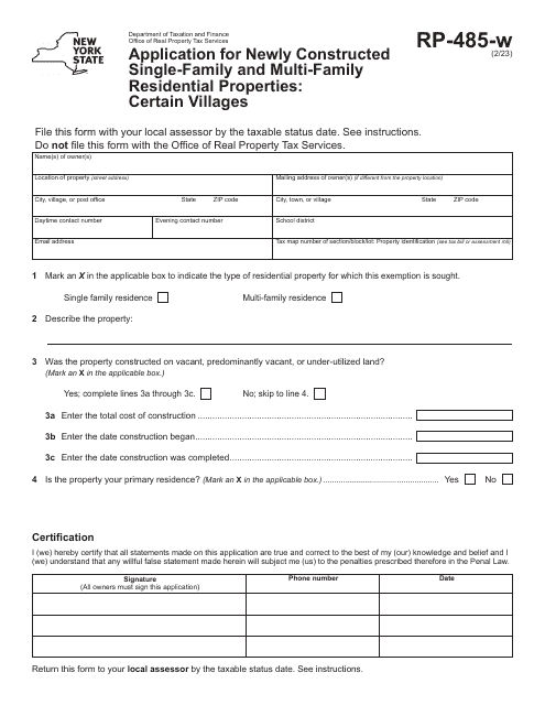 Form RP-485-W Application for Newly Constructed Single-Family and Multi-Family Residential Properties: Certain Villages - New York