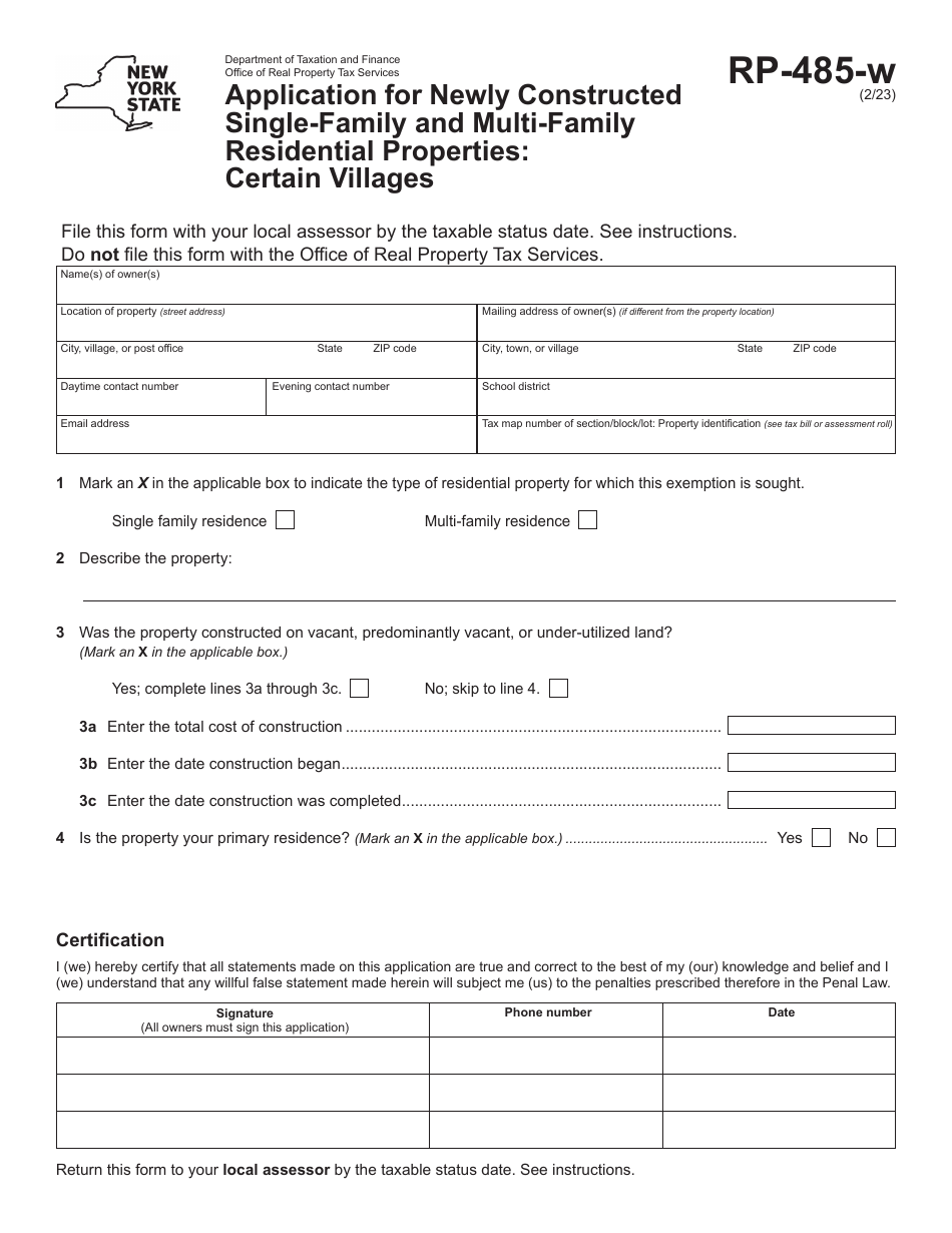 Form RP-485-W Application for Newly Constructed Single-Family and Multi-Family Residential Properties: Certain Villages - New York, Page 1