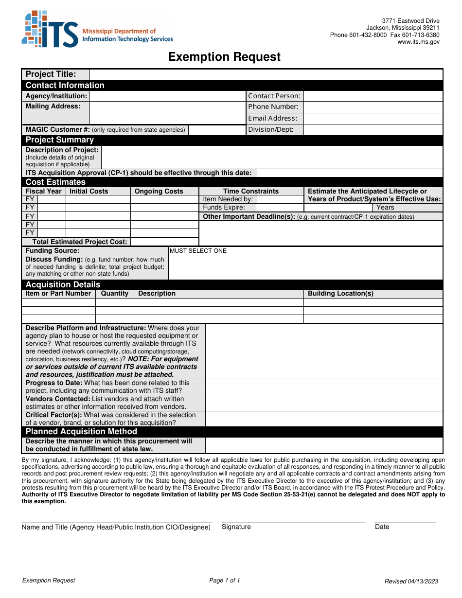 Exemption Request - Mississippi, Page 1