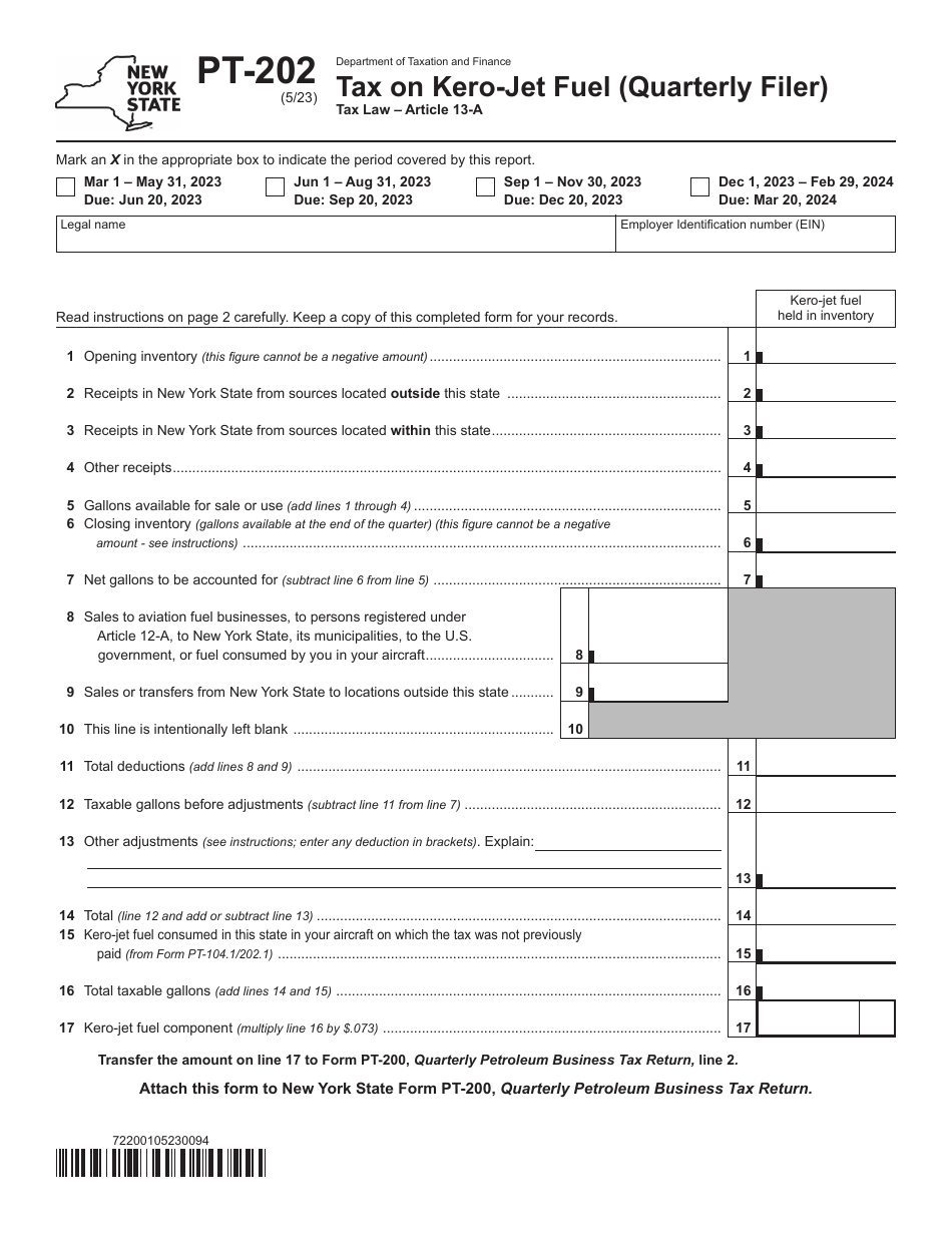 Form PT-202 Tax on Kero-Jet Fuel (Quarterly Filer) - New York, Page 1