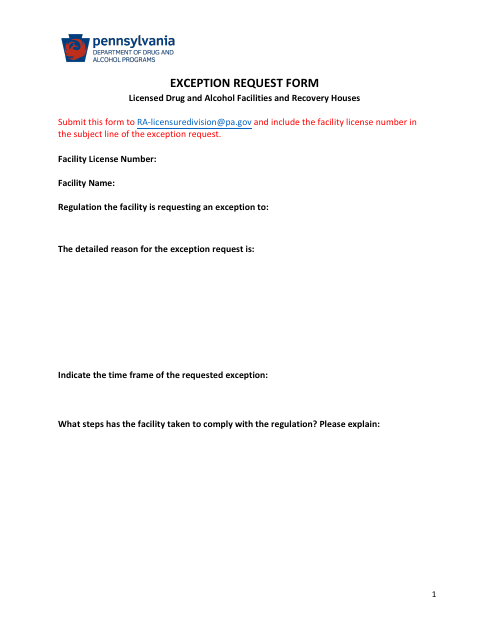 Exception Request Form - Licensed Drug and Alcohol Facilities and Recovery Houses - Pennsylvania Download Pdf