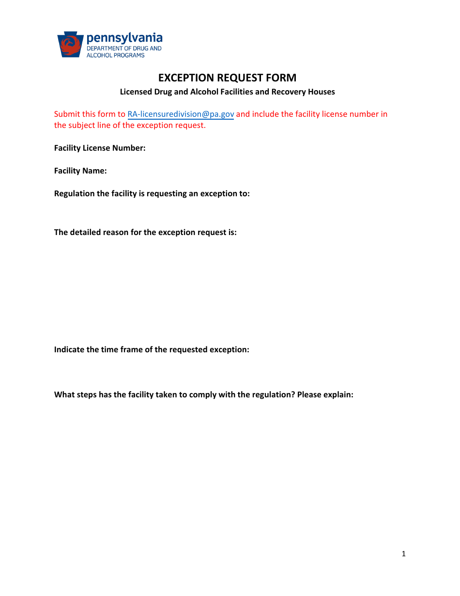 Exception Request Form - Licensed Drug and Alcohol Facilities and Recovery Houses - Pennsylvania, Page 1