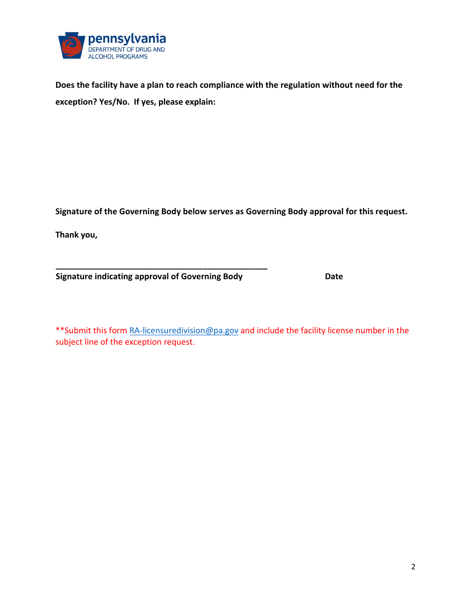 Exception Request Form - Licensed Drug and Alcohol Facilities and Recovery Houses - Pennsylvania, Page 2