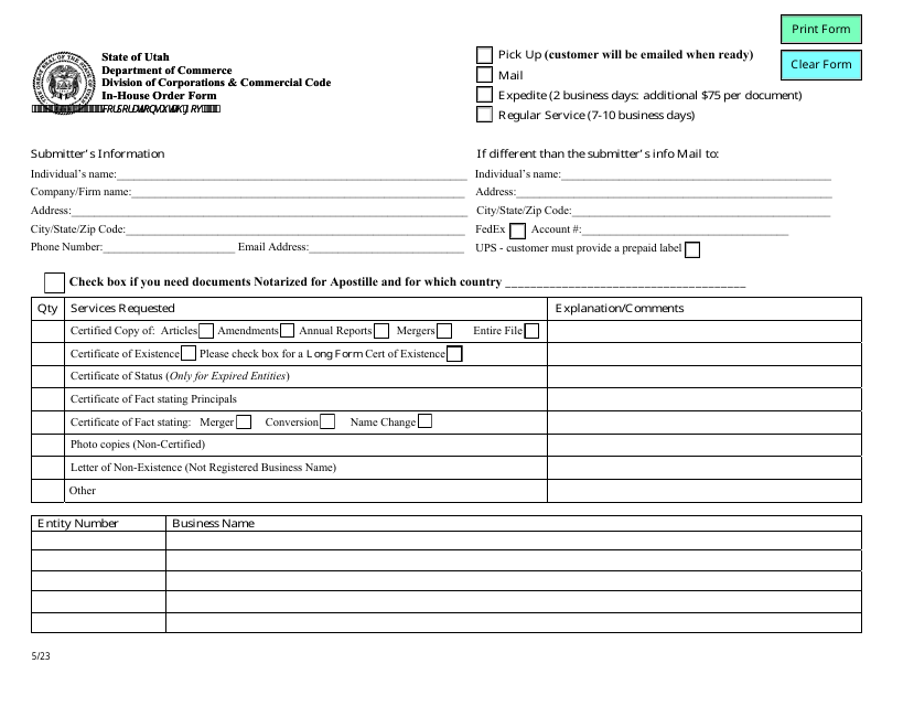 In-house Order Form - Utah Download Pdf