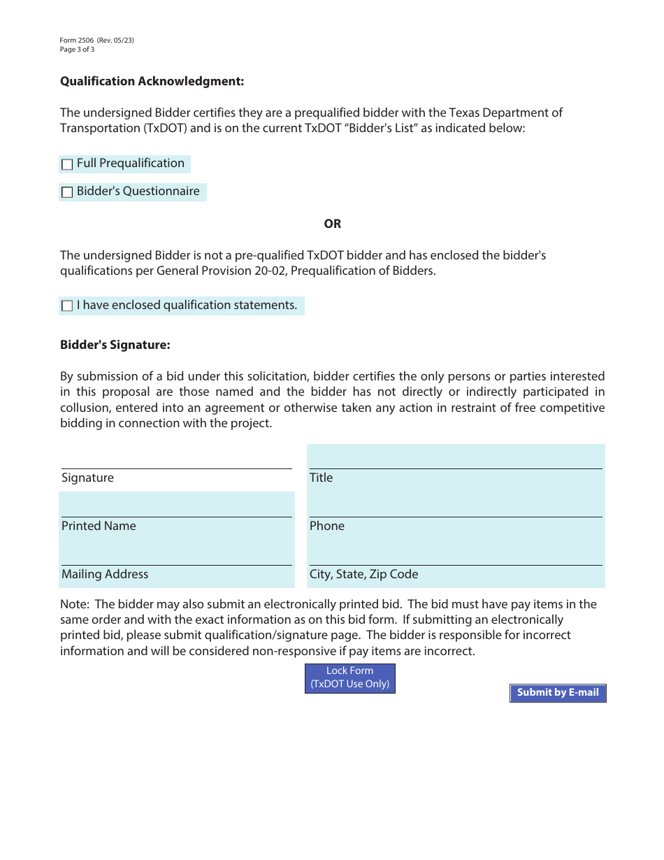 Form 2506 Bid Form - Texas, Page 3